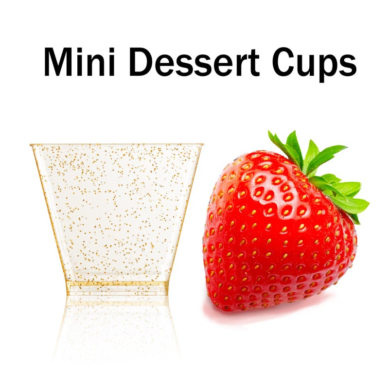 I00000 2oz Gold Glitter Square Mini Plastic Dessert Cups, 2 Ounce Small Plastic Cups with Mini Spoons, Include 100 Pieces Small Parfait Cup and 100 Pieces Gold Spoons for Pudding, Fruit and Ice Cream - Image 3
